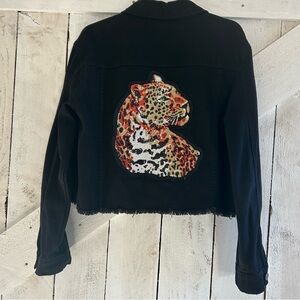 Black Denim Jacket with Leopard Patch
